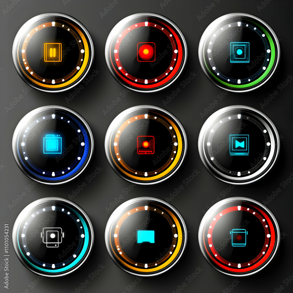 Poster futuristic button graphic design set. colorful round digital interface buttons with glowing frames.
