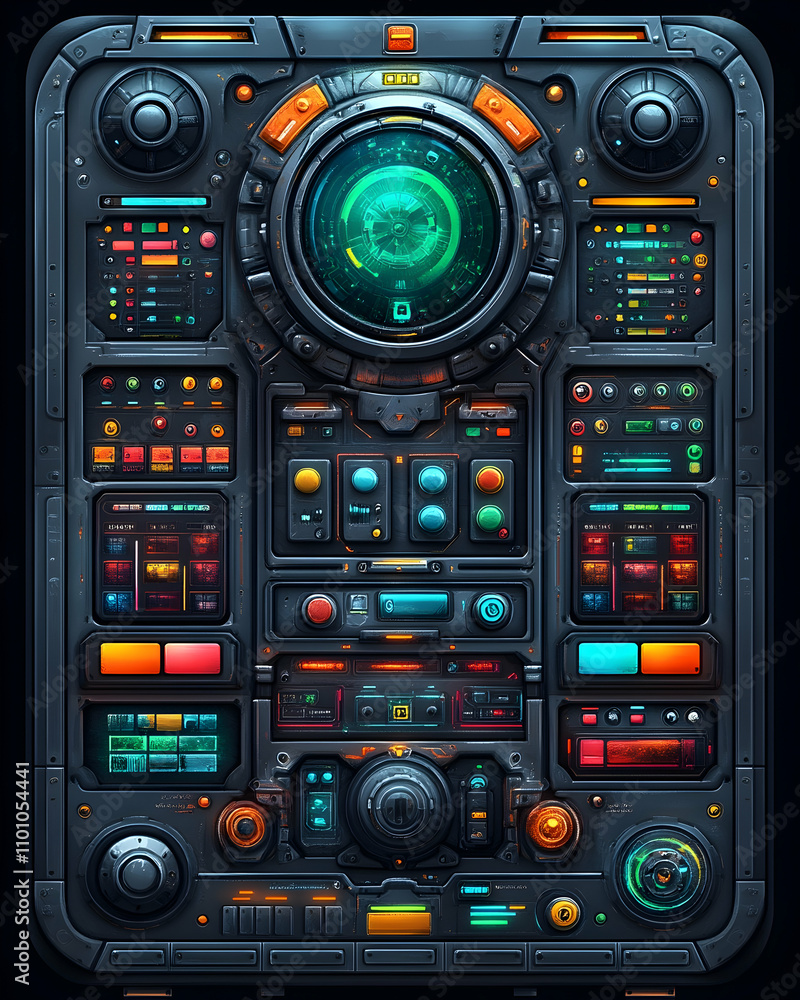 Poster futuristic control panel with glowing buttons and displays.