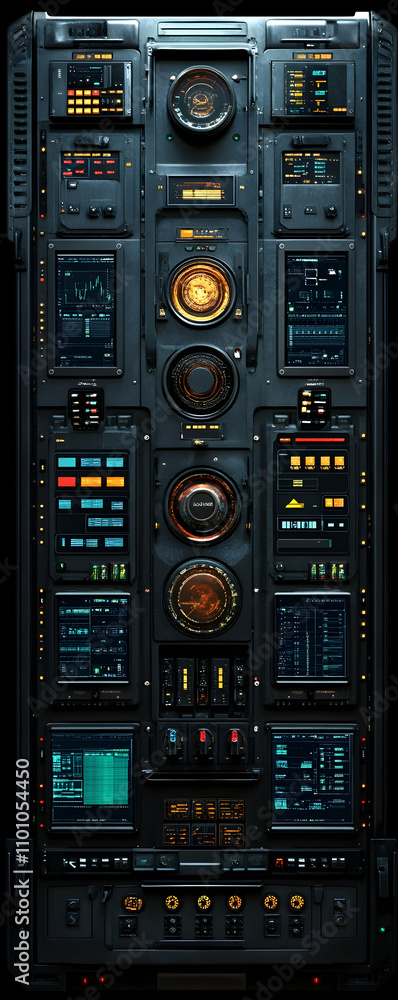 Poster futuristic control panel with many displays and knobs.