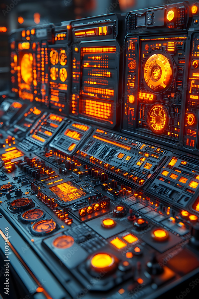 Poster futuristic control panel with glowing orange displays and various buttons and knobs.