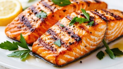 Grilled salmon fillets beautifully garnished with fresh parsley, served elegantly on a white plate with a hint of lemon.