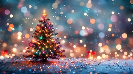 Obraz premium Illuminated Christmas Tree in Snowy Winter Wonderland