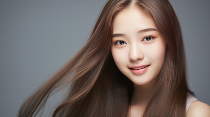 Fototapeta premium Portrait of smiling asian teenager girl gray background.