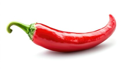 Vibrant red chili pepper with a curved shape and green stem, displayed on a clean white background, emphasizing its glossy texture and freshness.