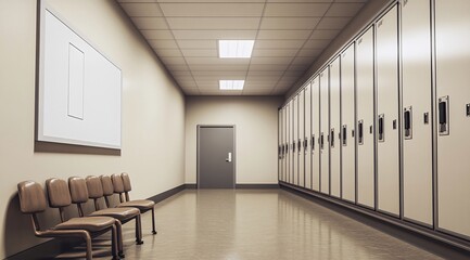 Empty school corridor with lockers, chairs, and whiteboard. Generative ai