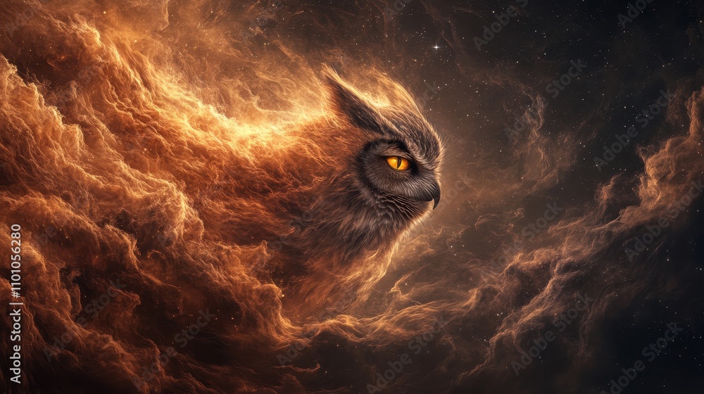Poster a mystical owl emerges from swirling cosmic clouds, its fiery colors and glowing eyes creating an en