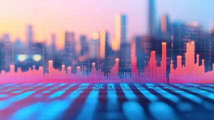 peak energy grid concept. A vibrant cityscape with colorful data visualizations, blending technology and urban life, showcasing digital analytics against a sunset backdrop.