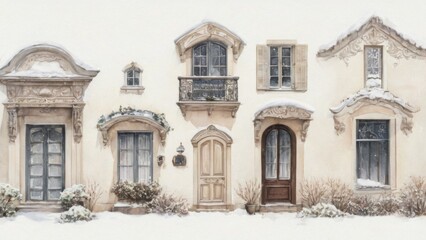 Obraz premium Snow-covered row of ornate beige houses in watercolor, featuring arched doorways, balconies, and a wintery peaceful atmosphere.