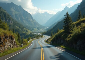 Naklejka premium Scenic winding road through mountains showcasing lush greenery and distant valley