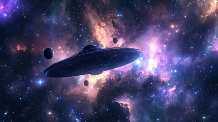 Obraz premium Spaceship Soaring Through Cosmic Nebula and Stars