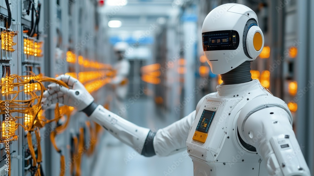 Poster peak energy grid concept. a humanoid robot interacts with illuminated machinery in a high-tech envir