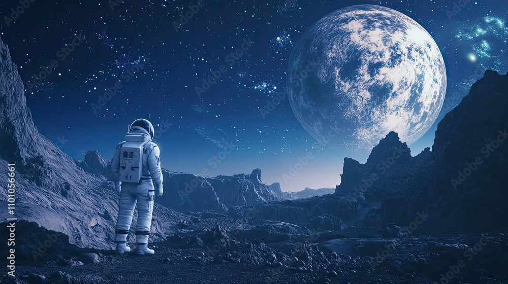Canvas Prints astronaut gazing at a large celestial body on an alien planet