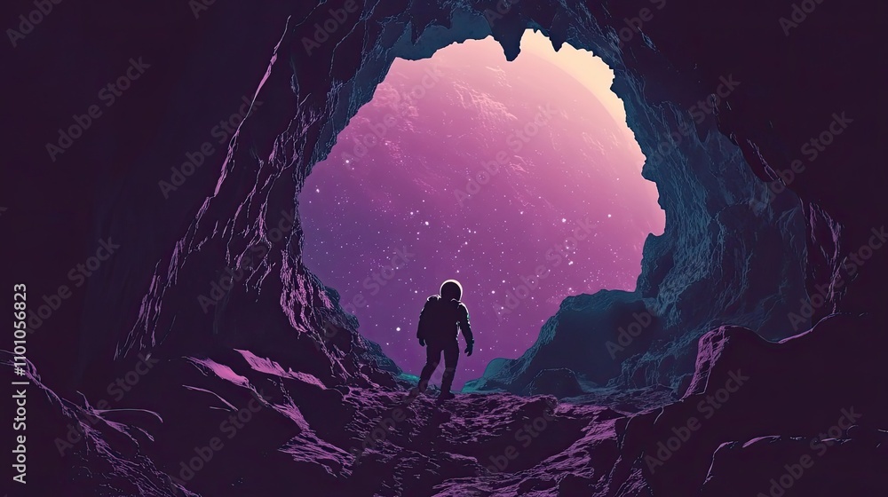 Canvas Prints astronaut exploring alien cave planet landscape