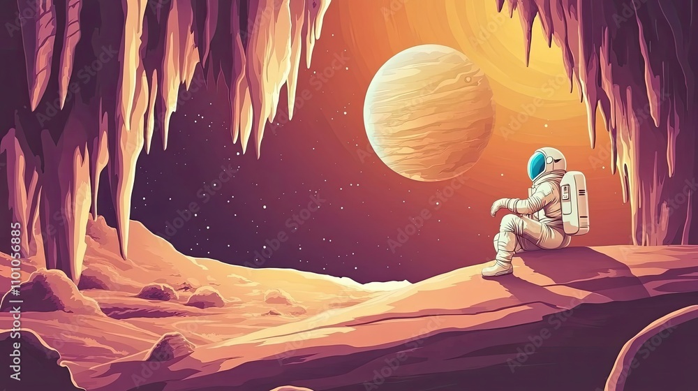 Canvas Prints astronaut contemplates alien planet from cave
