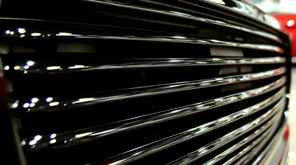 Close-up of a Shiny, Black Car Grille with Horizontal Chrome Bars, Reflecting Light, Abstract Automotive Background