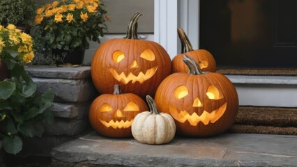 Obraz premium Four carved pumpkins on house steps with jack-o-lantern faces, sizes vary, festive and spooky atmosphere, porch background.