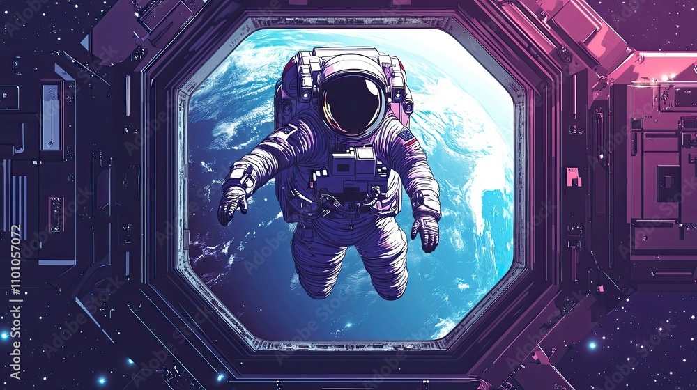 Poster astronaut floating outside space station viewing earth