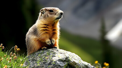 A Marmot Sits Calmly on a Rock, Basking in Sunlight, Amidst Lush Alpine Meadow