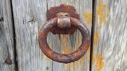 Weathered rusty knocker on a textured wooden door showcasing peeling paint and natural wood grain details.