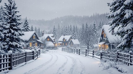 Fototapeta premium Serene Winter Night in a Snowy Village with Pine Trees