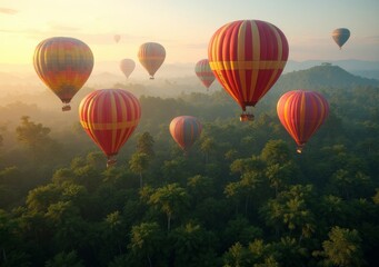 Fototapeta premium Colorful hot air balloons soar over lush green landscape at sunrise in Indonesia