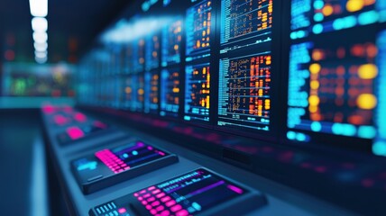 peak energy grid concept. A futuristic data center displaying vibrant screens and control panels illuminated in blue and pink colors, showcasing an advanced technological setup.