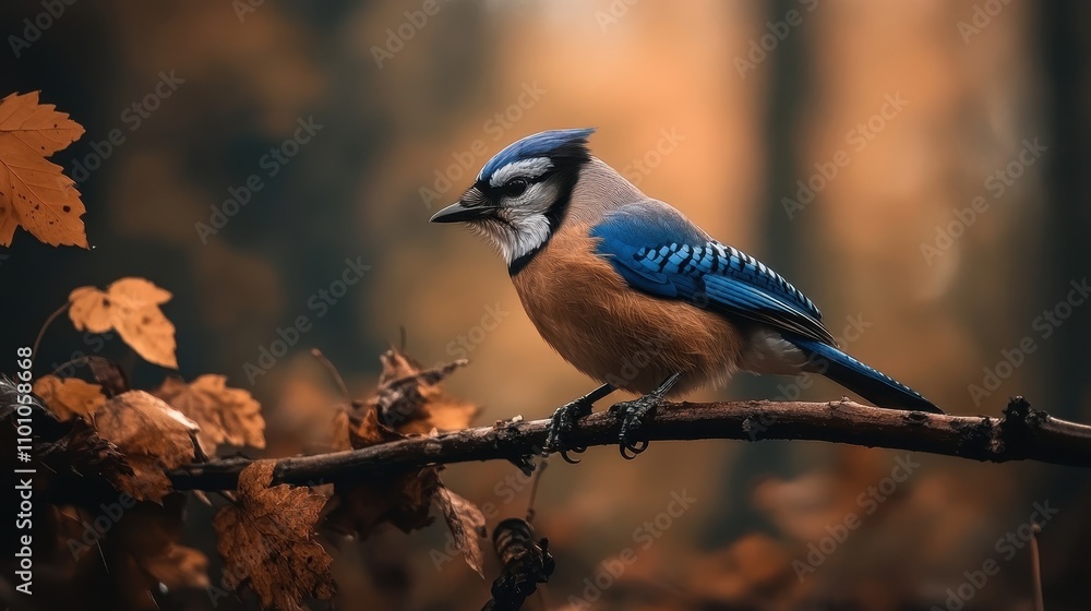 Poster a colorful bird perched on a branch, surrounded by autumn leaves in a blurred forest background.