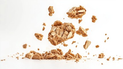 Obraz premium Crumbling oatmeal cookie pieces suspended in air against a white background, showcasing broken textures and scattered chunks with oats.