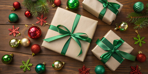 Top View of Beautifully Wrapped Christmas Gifts with Green Ribbons Surrounded by Festive Ornaments