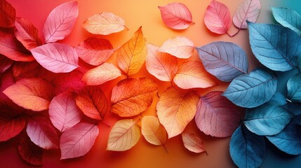 Colorful Transparent Skeleton Leaves Border on Gradient Background Top View Flat Lay Nature Inspired Banner Design