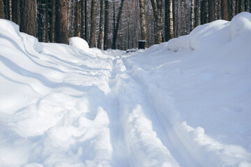 The image shows a winter scene in the forest. The road is covered with snow, and there are two parallel tracks running along it, probably left by a vehicle, a sled or a skier. 