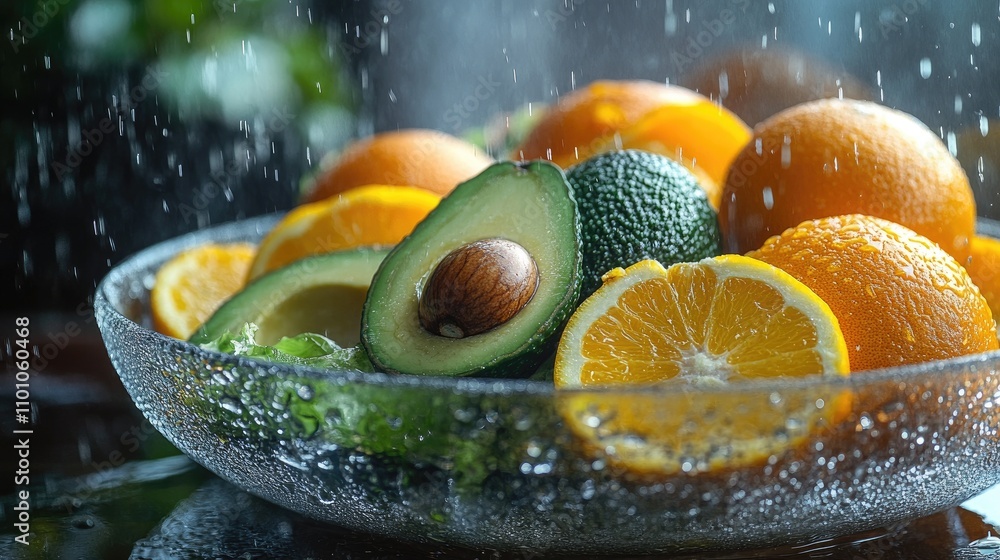 Poster fresh avocados and oranges displayed in a transparent bowl with water droplets creating a vibrant an