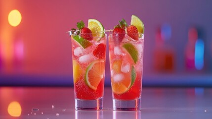 Vibrant strawberry cocktail with lime and orange garnished with fresh fruits, served in tall glasses against a colorful social backdrop.