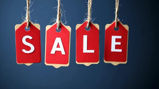 Red sale tags hanging on strings isolated on blue background