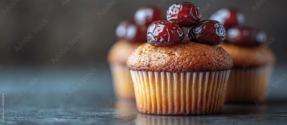Poster Freshly Baked Muffin Topped with Sweet Dates on Dark Surface Minimalistic Style with Copy Space for Text