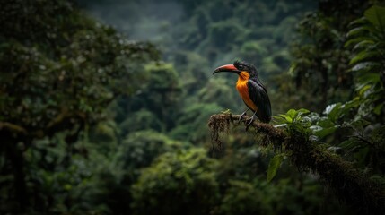 A vibrant toucan perched on a branch, surrounded by lush greenery in a dense rainforest, showcasing the beauty of wildlife.