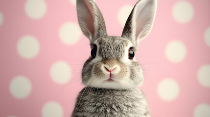 Fototapeta premium Adorable Gray Bunny Poses Against Pink Polka Dot Background; Close-up Studio Shot of a Fluffy Rabbit with Big Eyes, Sweet Expression.