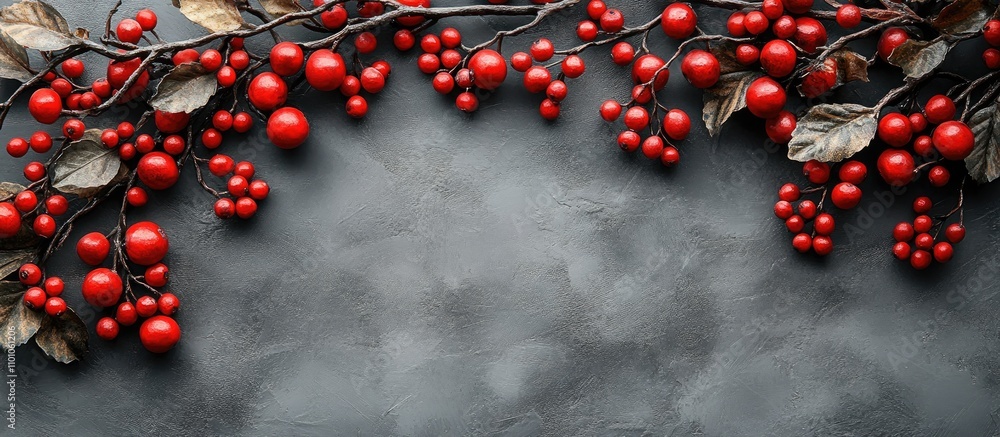 Poster red berries on branches arranged on a gray background creating a decorative banner with ample copy s