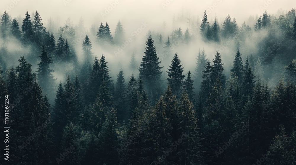 Poster A misty forest landscape featuring tall evergreen trees shrouded in fog, creating a serene and mysterious atmosphere.