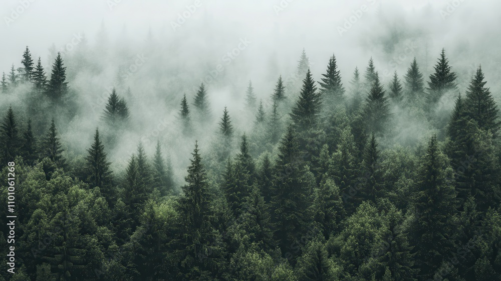 Poster a misty forest landscape with tall evergreen trees shrouded in fog, creating a serene and mysterious