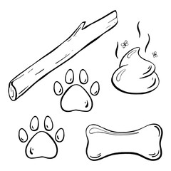 A colorful illustration of dog accessories a stick, paw prints, poop, and a bone. Vector illustration. Pet shop