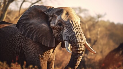 Majestic African elephant enjoying golden hour glow in savannah landscape capturing wildlife serenity and natural beauty.