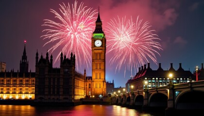Fototapeta premium Iconic Big Ben Tower Striking Midnight to Welcome the New Year in a Stunning London Scene