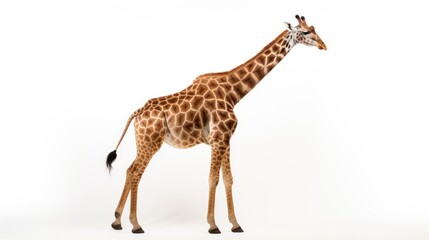 Naklejka premium Giraffe standing gracefully against a white background showcasing its long neck and unique coat pattern in a side view perspective