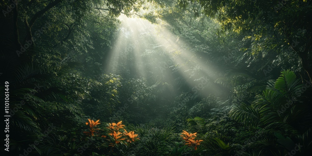 Poster a tranquil forest scene illuminated by soft rays of sunlight filtering through dense foliage, highli