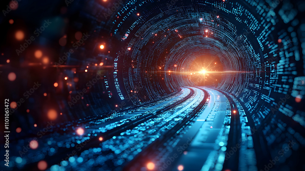 Poster digital data tunnel: a 3d abstract background of glowing blue and orange code streams leading to a b