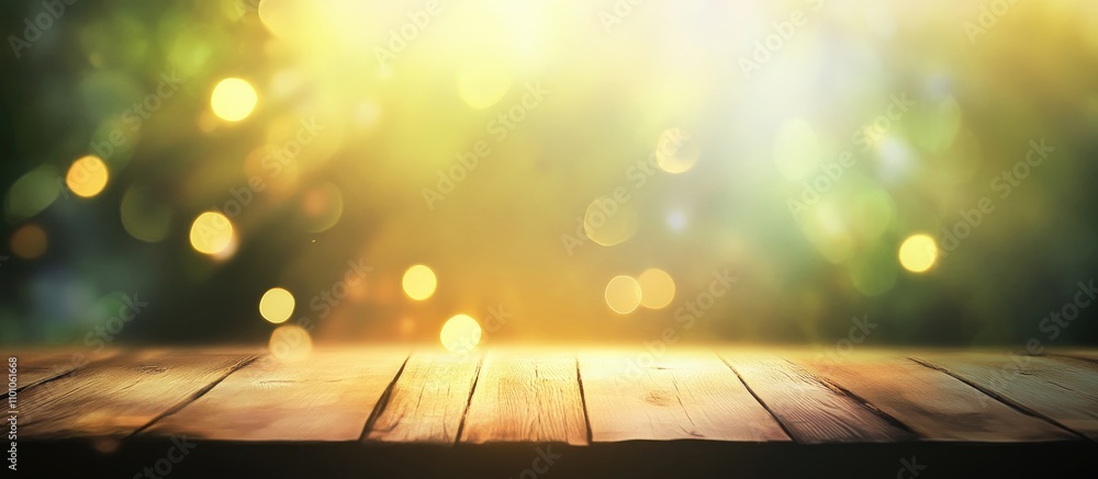 Poster wooden table with a blurred background of soft glowing lights creating a warm atmospheric effect for