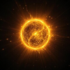 Obraz premium Golden aura surrounding a glowing orb in a dark abstract background, halo effect., dark space, abstract gold background, mystical energy, luminous atmosphere