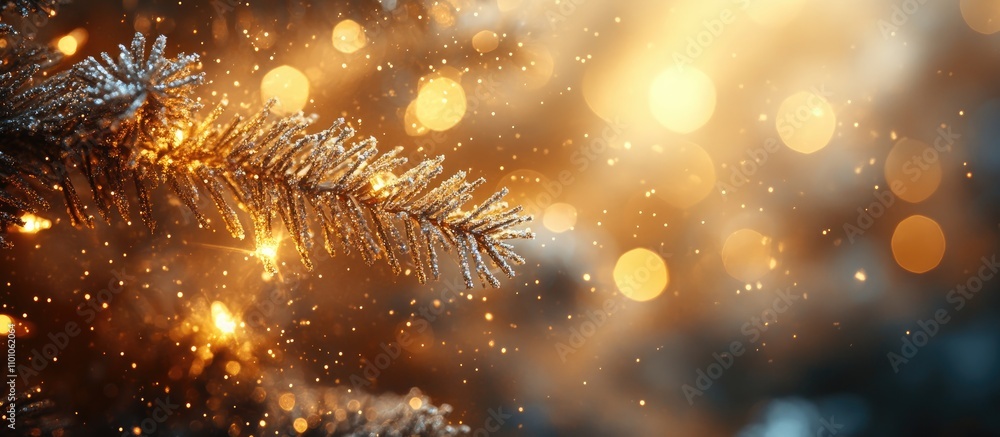 Poster warm golden bokeh lights with delicate snowflakes and a frosted christmas tree branch create a festi