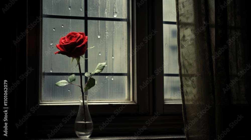 Poster A single red rose in a vase by a rain-covered window creating a tranquil and moody atmosphere in a dimly lit room.